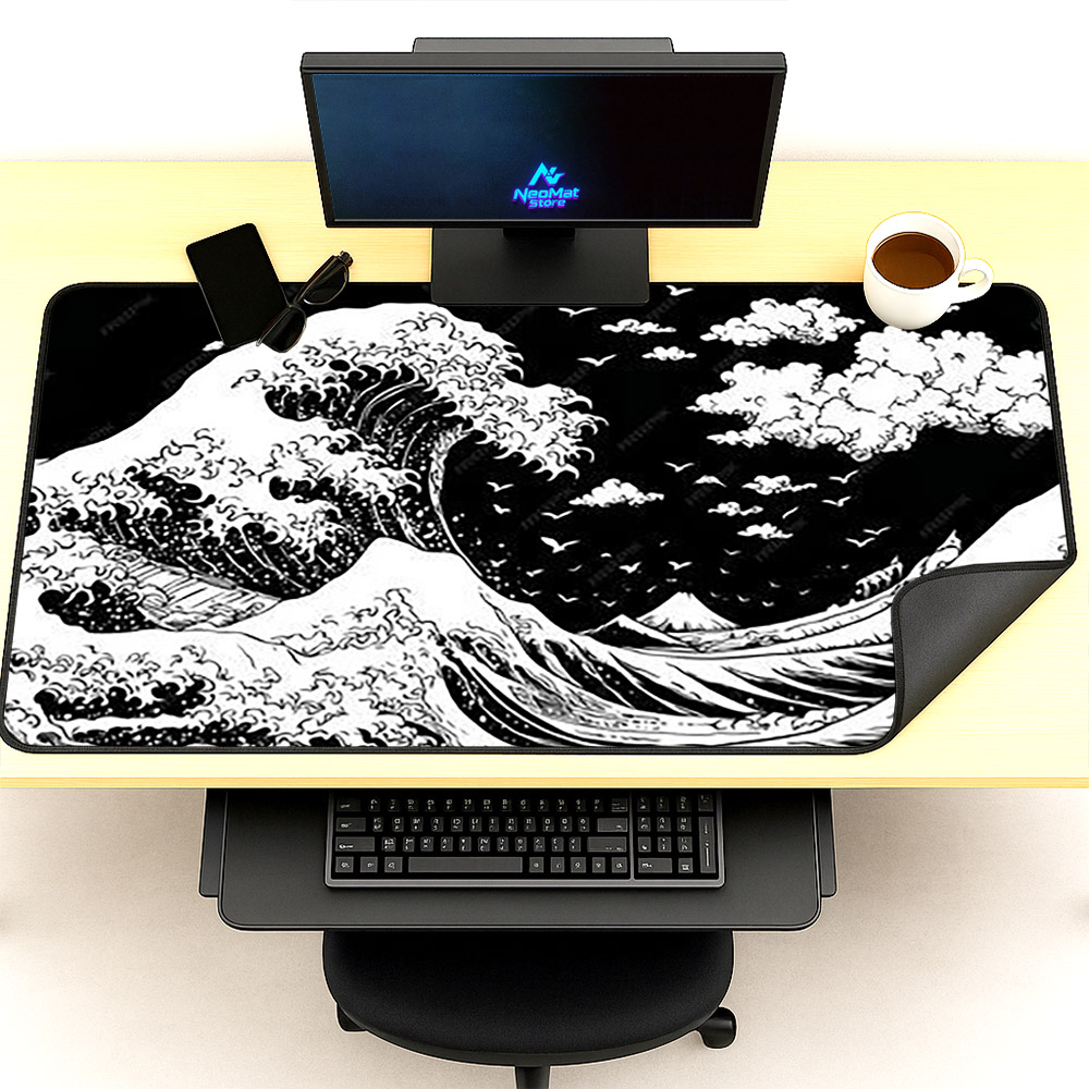 Great Wave Mouse Pad Kanagawa  - Desk Setup Black And White 评论和价格